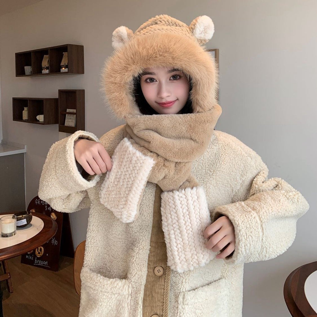 CHANEL BALACLAVA HAT IN CAMEL BEIGE MIX WHITE FLEECE 422215