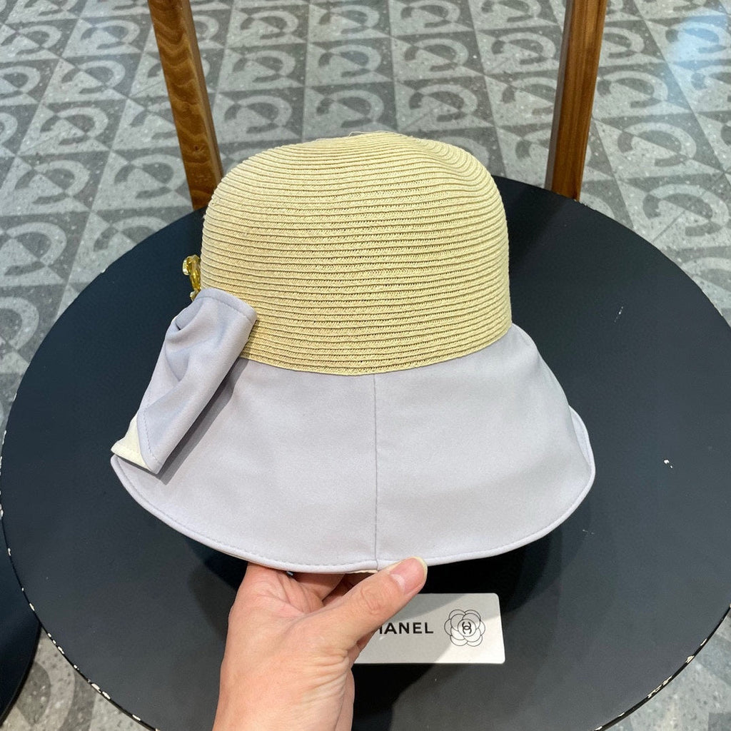 CHANEL BOW BUCKET HAT IN PALE PURPLE MIX BEIGE RAFFIA 426169