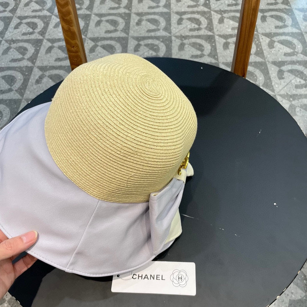 CHANEL BOW BUCKET HAT IN PALE PURPLE MIX BEIGE RAFFIA 426169