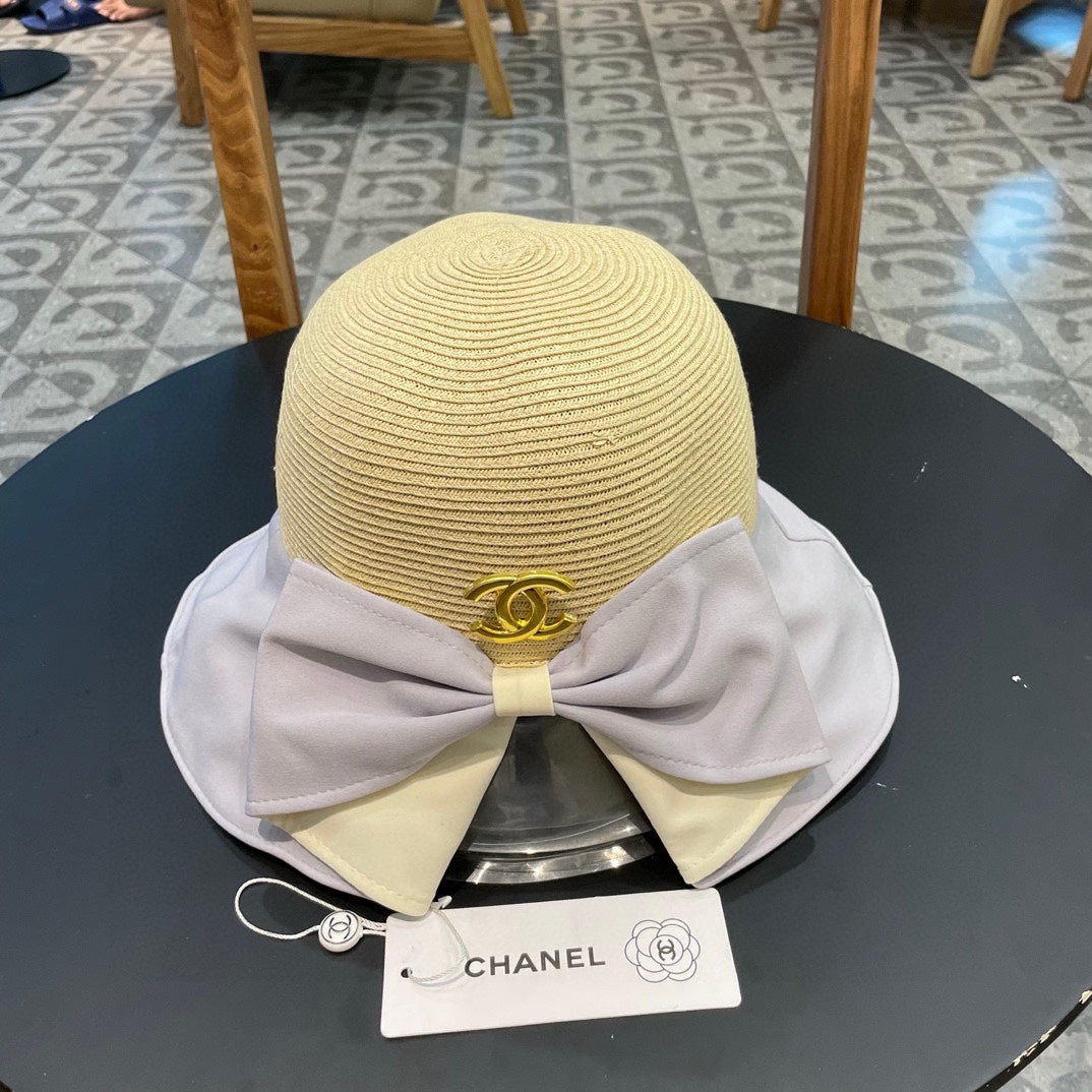 CHANEL BOW BUCKET HAT IN PALE PURPLE MIX BEIGE RAFFIA 426169