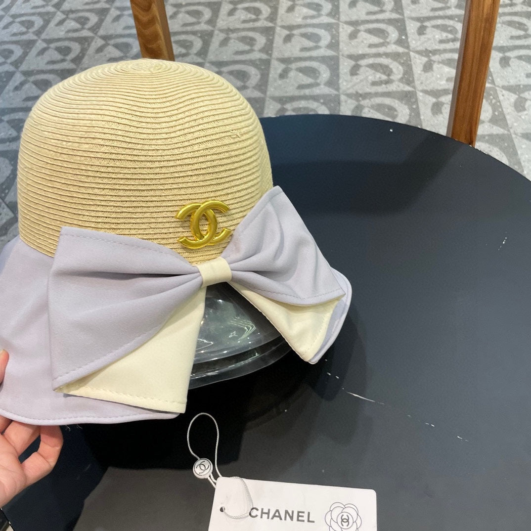 CHANEL BOW BUCKET HAT IN PALE PURPLE MIX BEIGE RAFFIA 426169