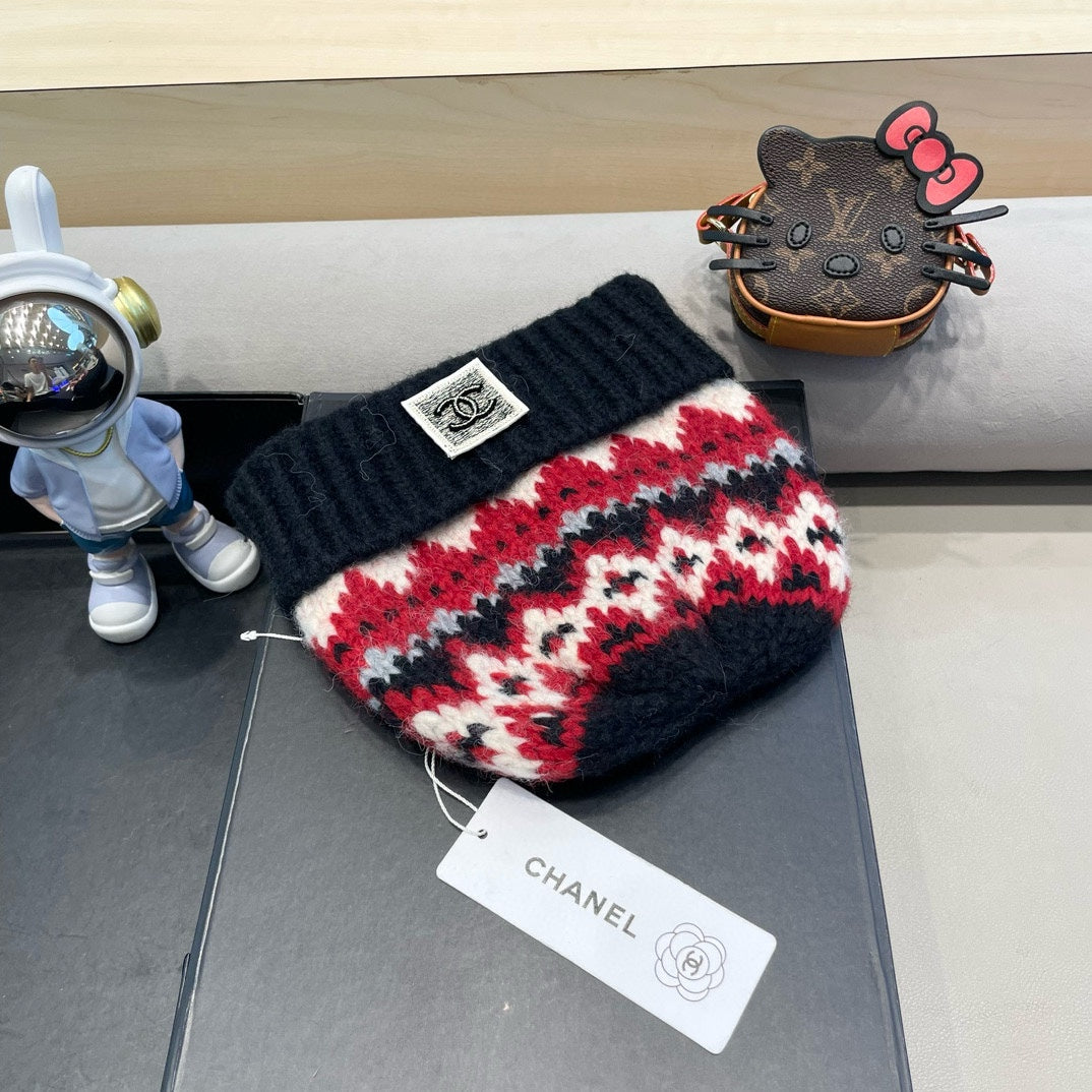 CHANEL KNIT BEANIE HAT BLACK MIX RED 428243