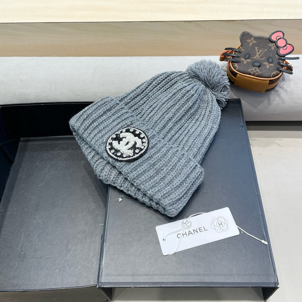 CHANEL KNIT BEANIE HAT IN SHARK GRAY WOOL 430243