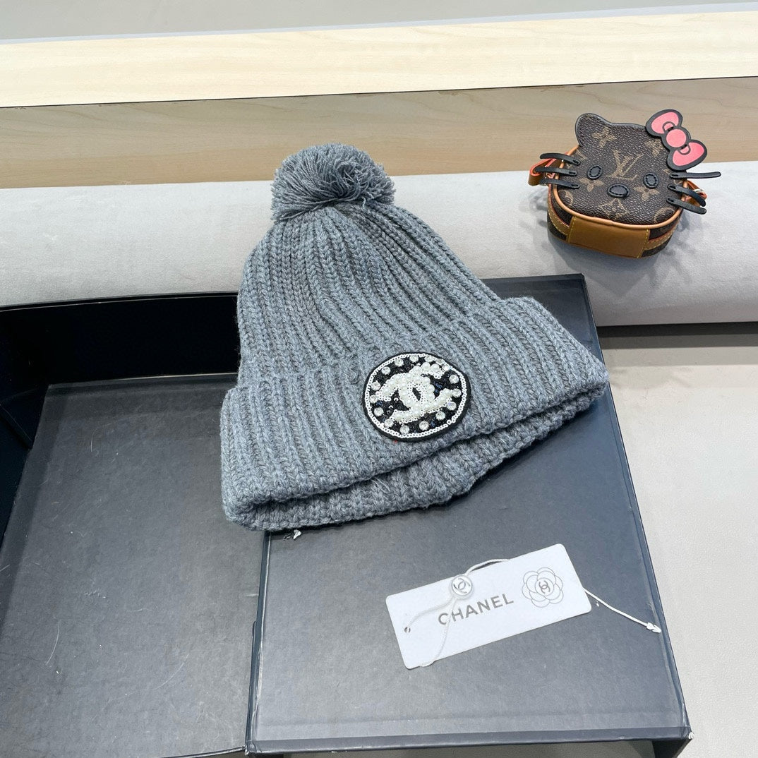 CHANEL KNIT BEANIE HAT IN SHARK GRAY WOOL 430243