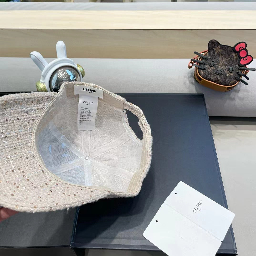 CELINE BASEBALL CAP MODEL 650506 IN BEIGE TEXTURED SPARKLE FABRIC