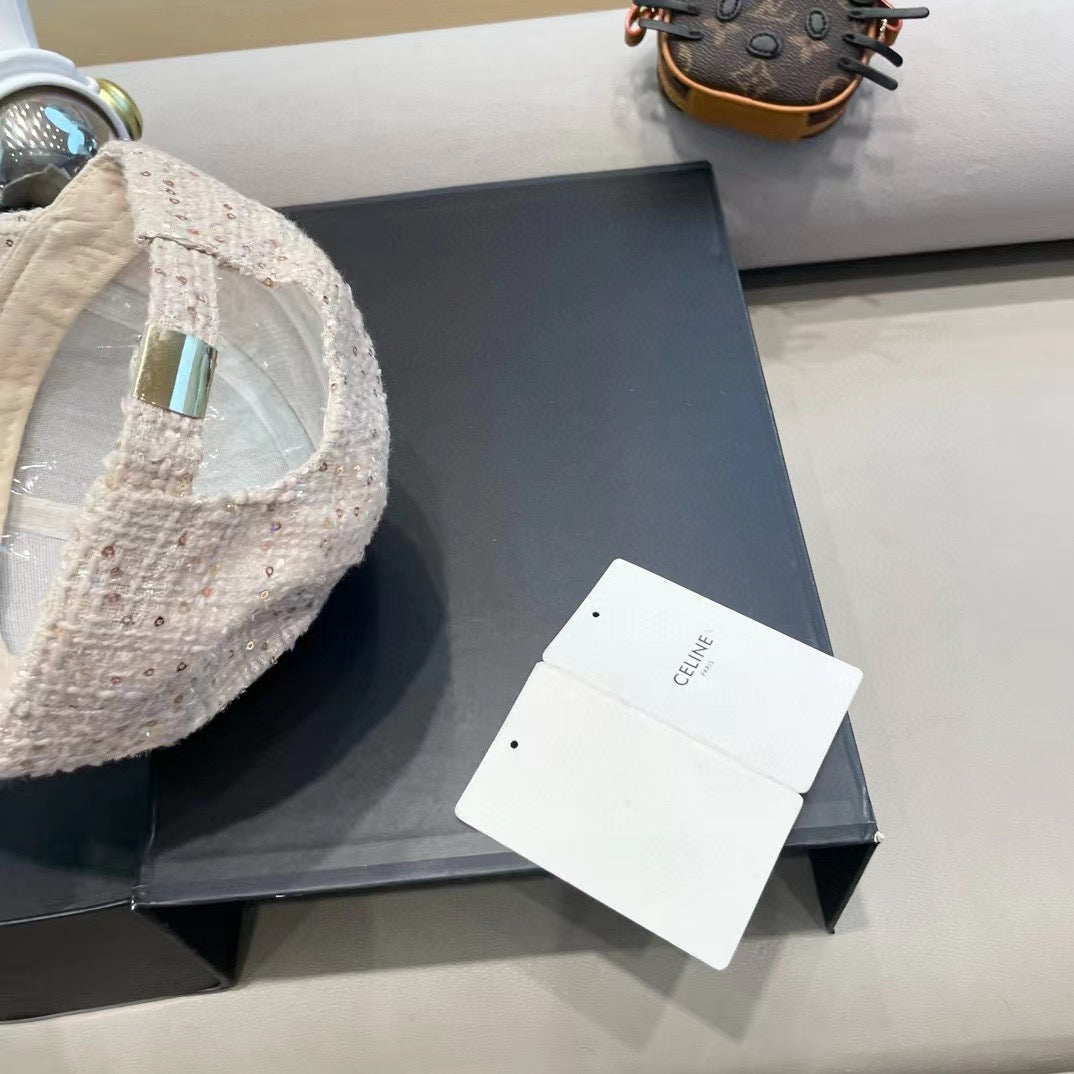 CELINE BASEBALL CAP MODEL 650506 IN BEIGE TEXTURED SPARKLE FABRIC