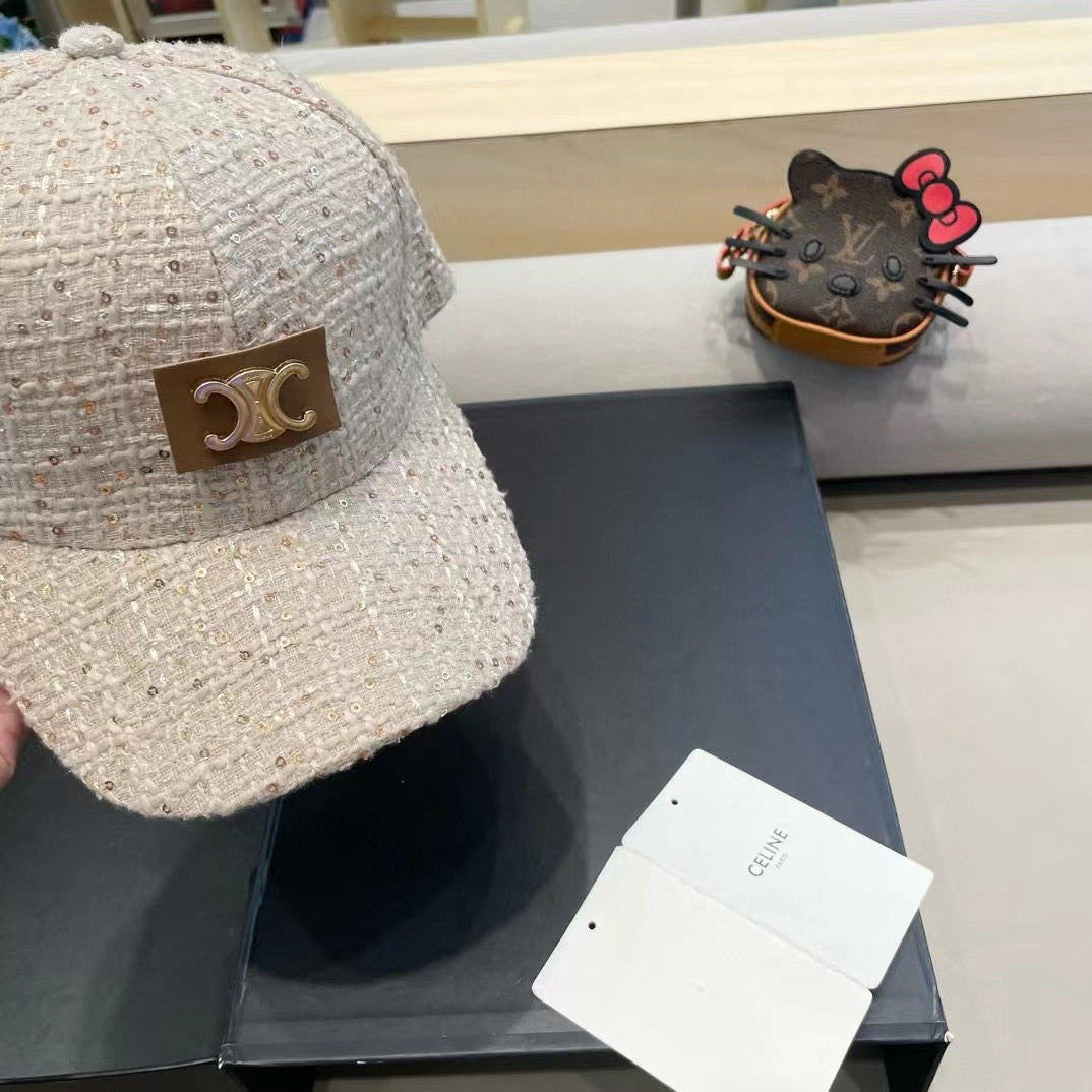 CELINE BASEBALL CAP MODEL 650506 IN BEIGE TEXTURED SPARKLE FABRIC