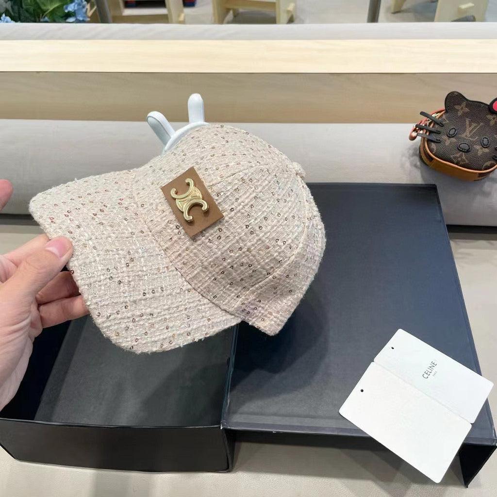 CELINE BASEBALL CAP MODEL 650506 IN BEIGE TEXTURED SPARKLE FABRIC
