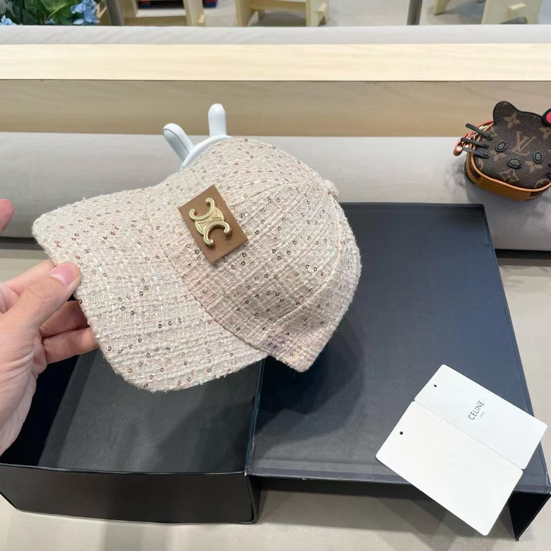 CELINE BASEBALL CAP MODEL 650506 IN BEIGE TEXTURED SPARKLE FABRIC