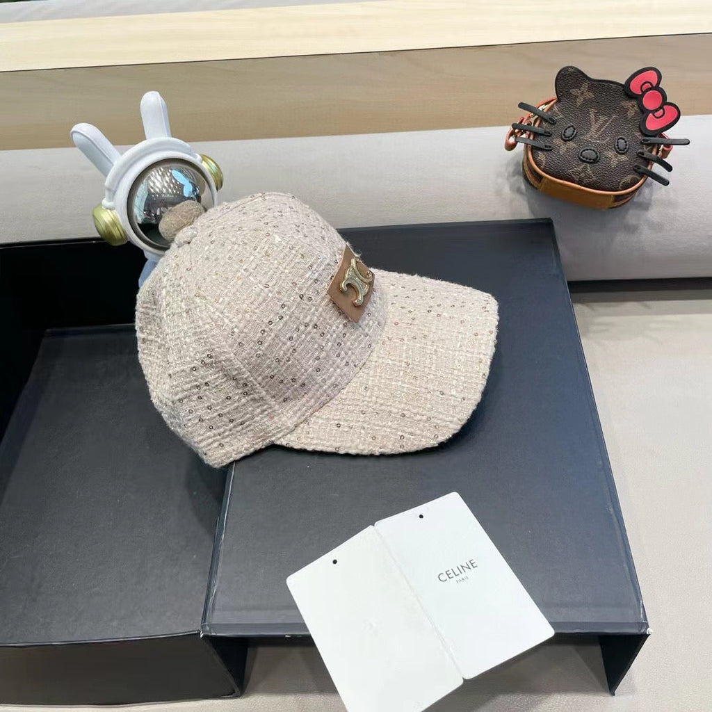 CELINE BASEBALL CAP MODEL 650506 IN BEIGE TEXTURED SPARKLE FABRIC