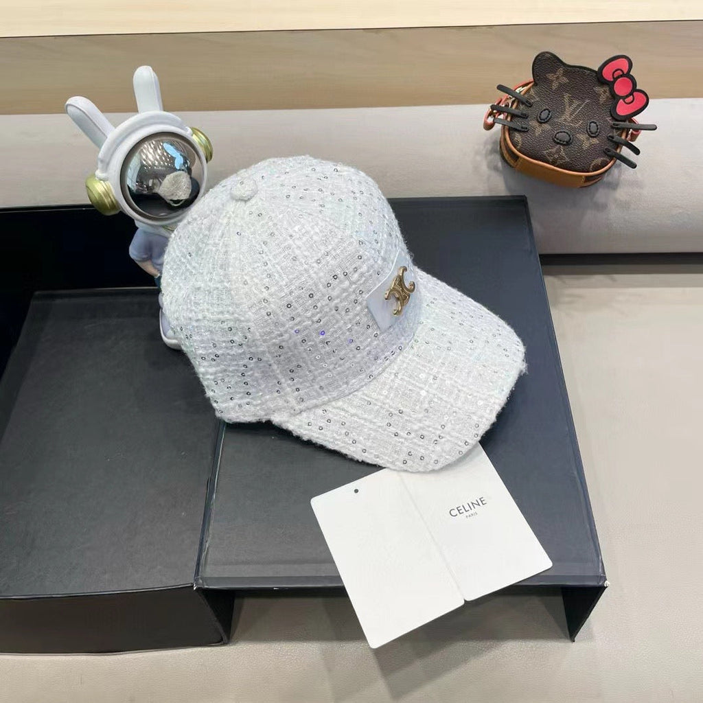 CELINE BASEBALL CAP MODEL 650507 IN WHITE TEXTURED SPARKLE FABRIC