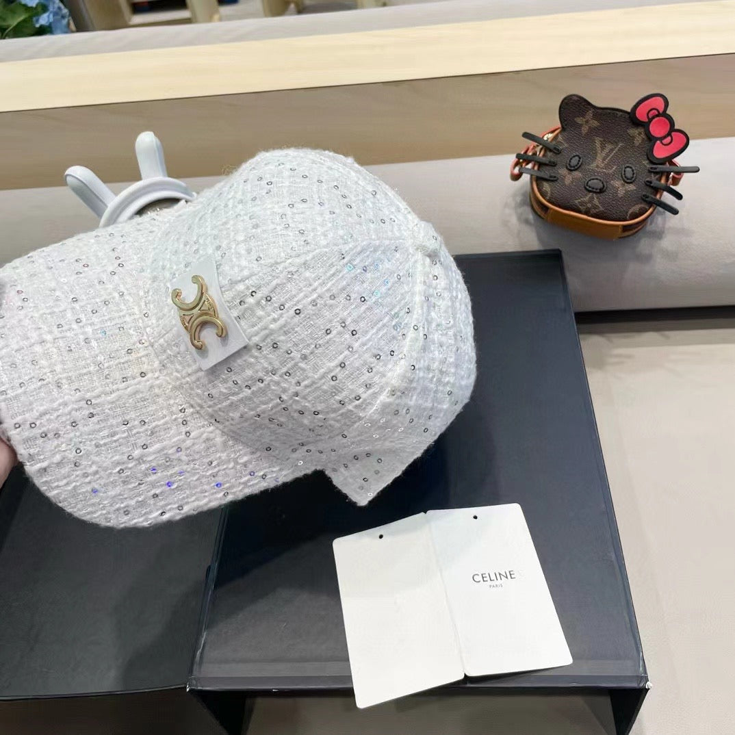CELINE BASEBALL CAP MODEL 650507 IN WHITE TEXTURED SPARKLE FABRIC