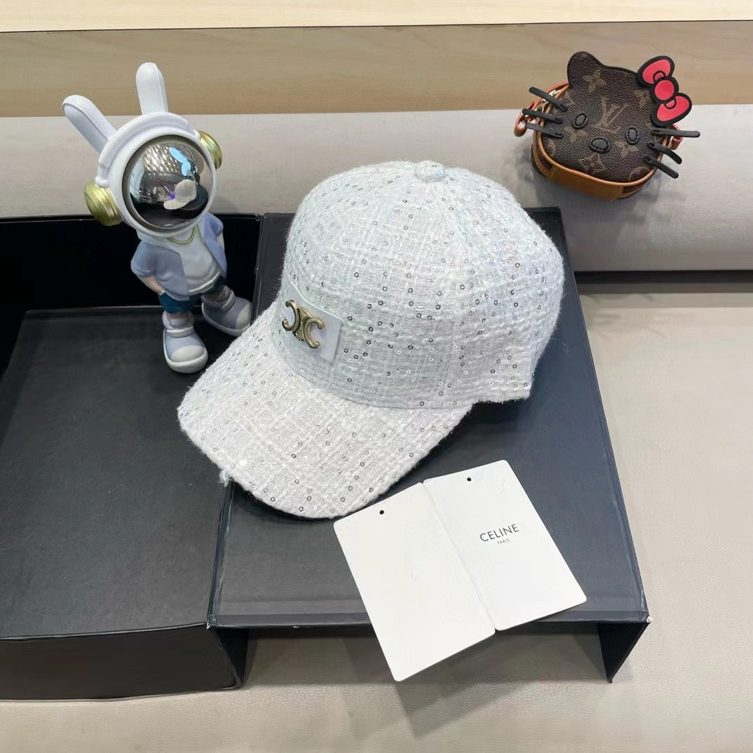 CELINE BASEBALL CAP MODEL 650507 IN WHITE TEXTURED SPARKLE FABRIC