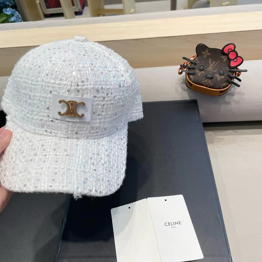 CELINE BASEBALL CAP MODEL 650507 IN WHITE TEXTURED SPARKLE FABRIC