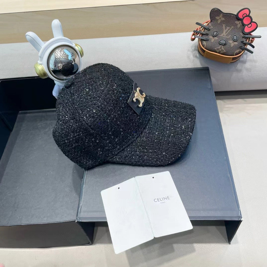 CELINE BASEBALL CAP MODEL 650508 IN BLACK TEXTURED SPARKLE FABRIC