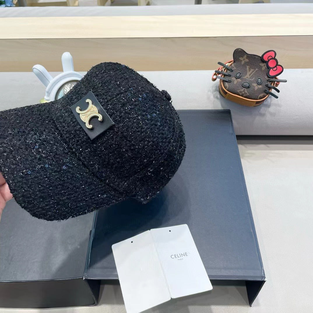 CELINE BASEBALL CAP MODEL 650508 IN BLACK TEXTURED SPARKLE FABRIC