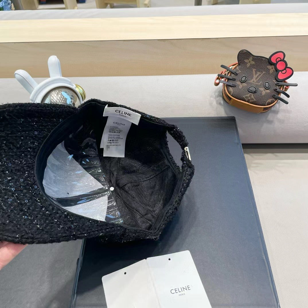 CELINE BASEBALL CAP MODEL 650508 IN BLACK TEXTURED SPARKLE FABRIC