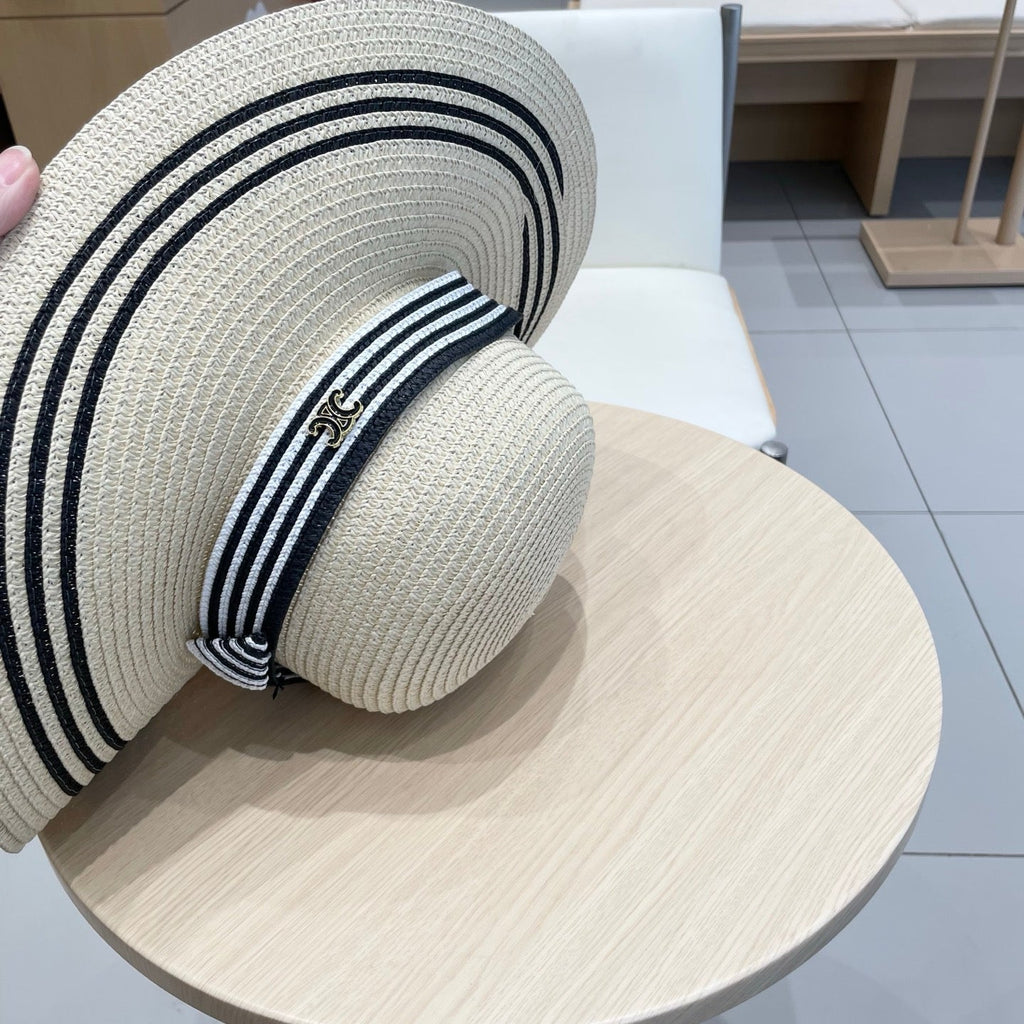 CELINE WIDE BRIM HAT MODEL 650408 IN CREAM WHITE BLACK STRIPES WOVEN STRAW