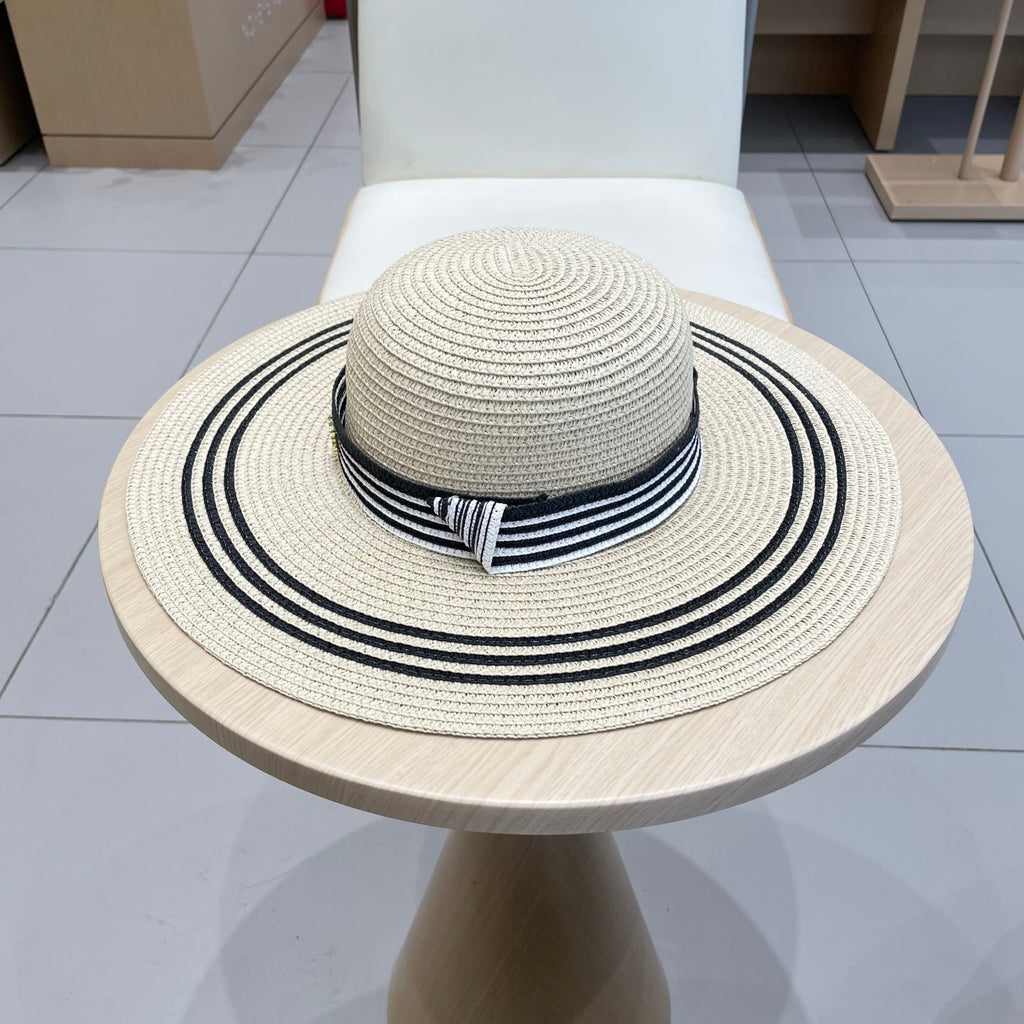 CELINE WIDE BRIM HAT MODEL 650408 IN CREAM WHITE BLACK STRIPES WOVEN STRAW