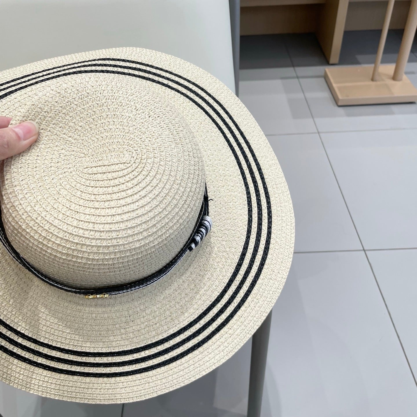 CELINE WIDE BRIM HAT MODEL 650408 IN CREAM WHITE BLACK STRIPES WOVEN STRAW