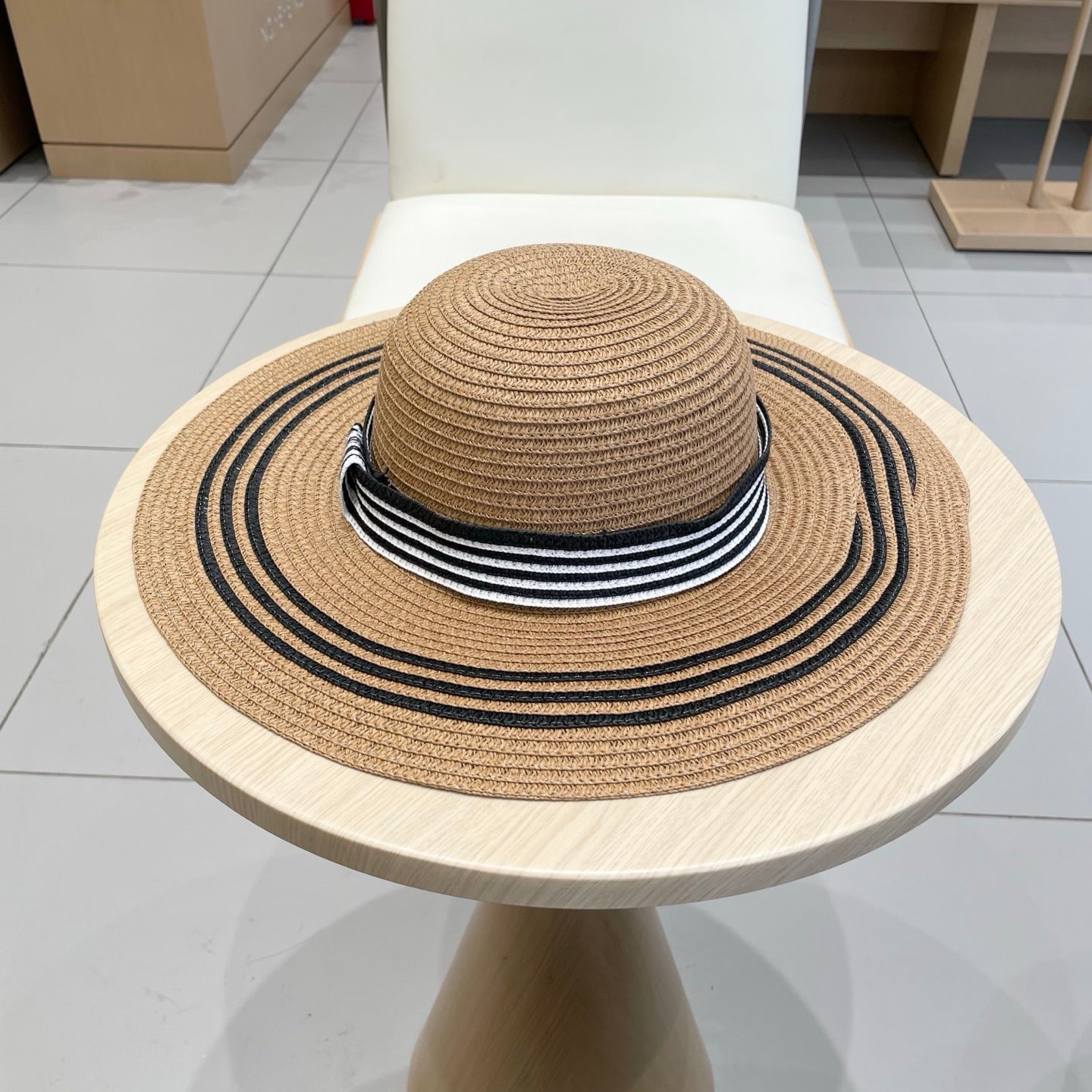 CELINE WIDE BRIM HAT MODEL 650410 IN BROWN WITH BLACK STRIPES WOVEN STRAW