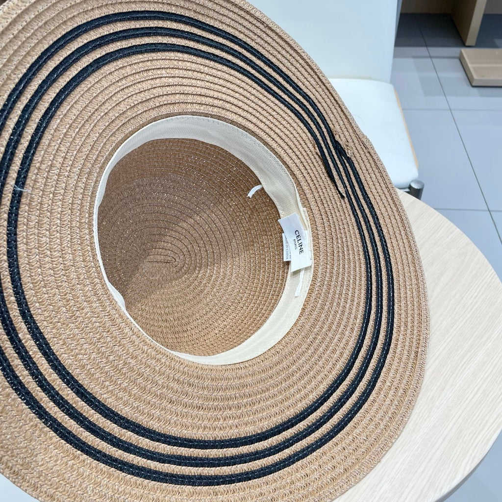 CELINE WIDE BRIM HAT MODEL 650410 IN BROWN WITH BLACK STRIPES WOVEN STRAW