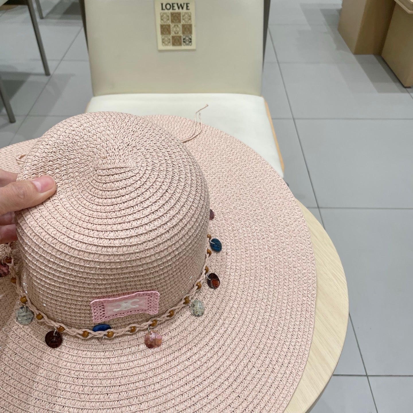 CELINE WIDE BRIM HAT MODEL 652184 IN LIGHT PINK WOVEN STRAW