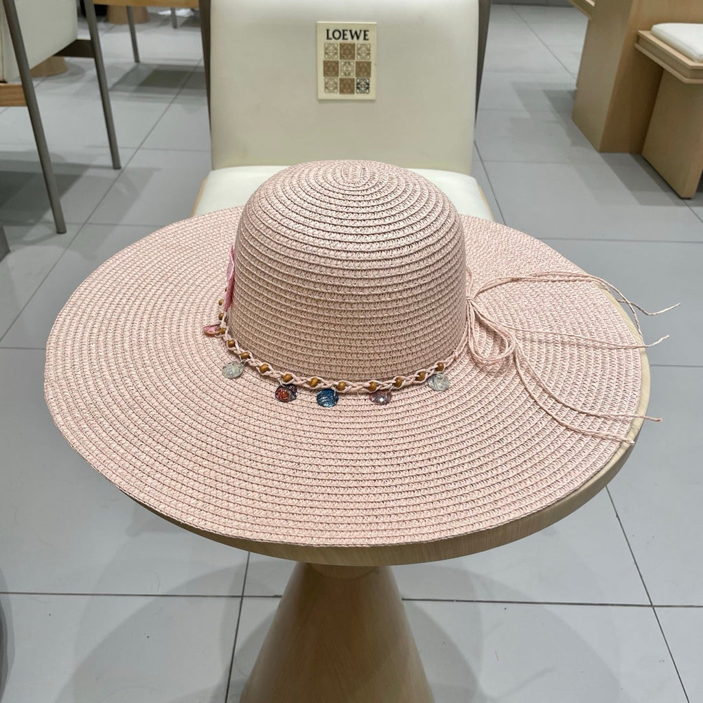 CELINE WIDE BRIM HAT MODEL 652184 IN LIGHT PINK WOVEN STRAW