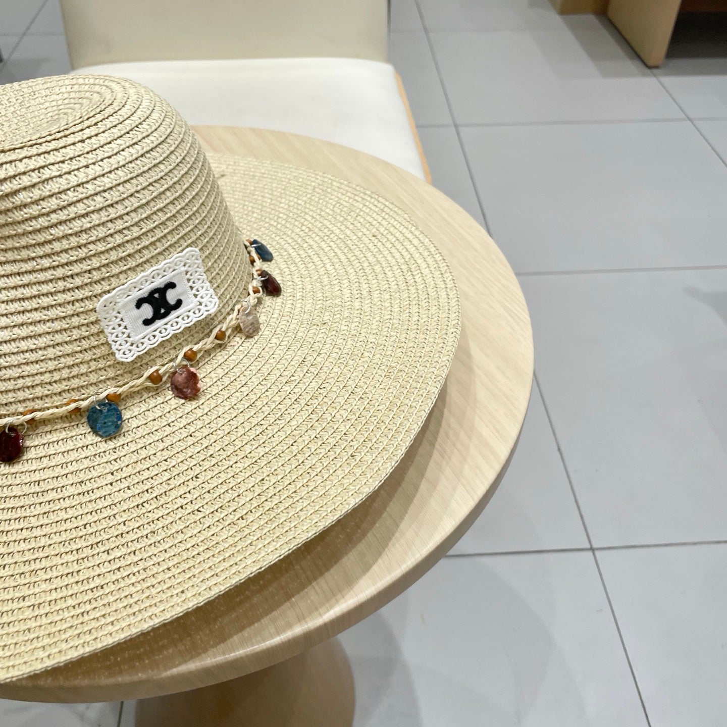 CELINE WIDE BRIM HAT MODEL 652185 IN BEIGE WOVEN STRAW