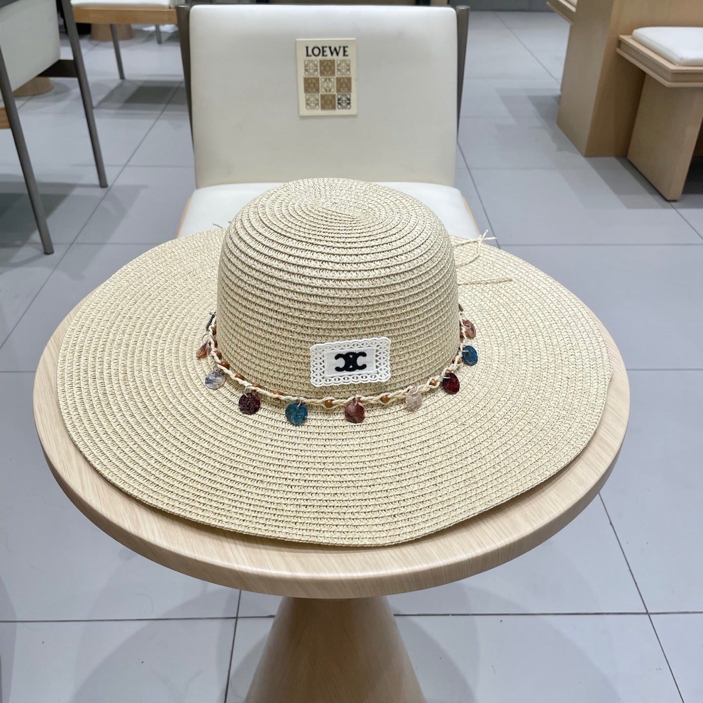 CELINE WIDE BRIM HAT MODEL 652185 IN BEIGE WOVEN STRAW