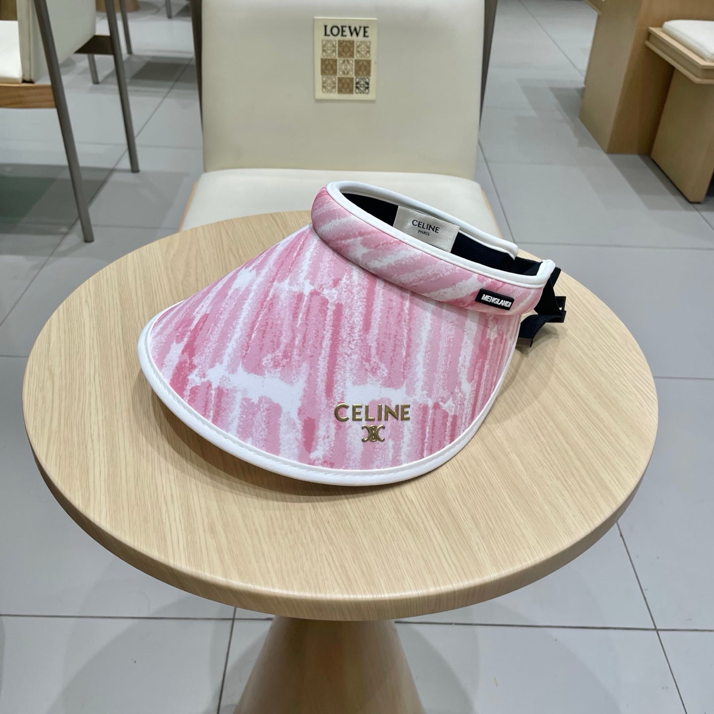 CELINE VISOR HAT MODEL 652203 IN PINK AND WHITE FABRIC
