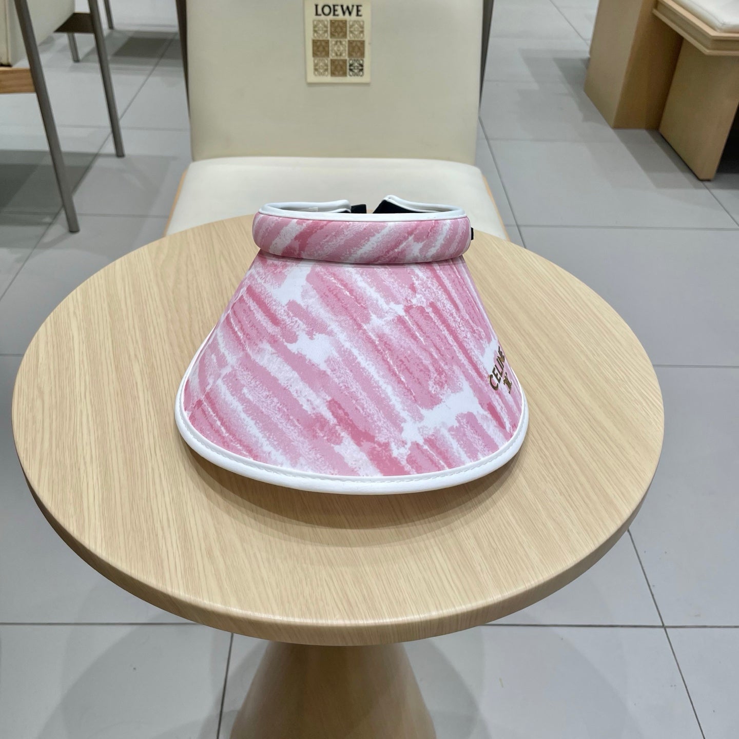 CELINE VISOR HAT MODEL 652203 IN PINK AND WHITE FABRIC