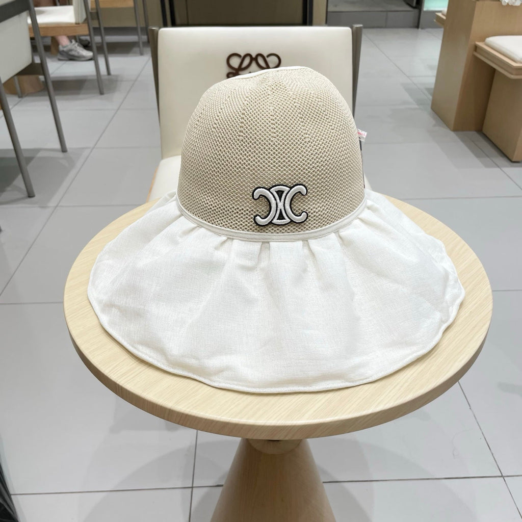 CELINE WIDE BRIM HALF HEAD HAT MODEL 650677 IN BEIGE MESH FABRIC