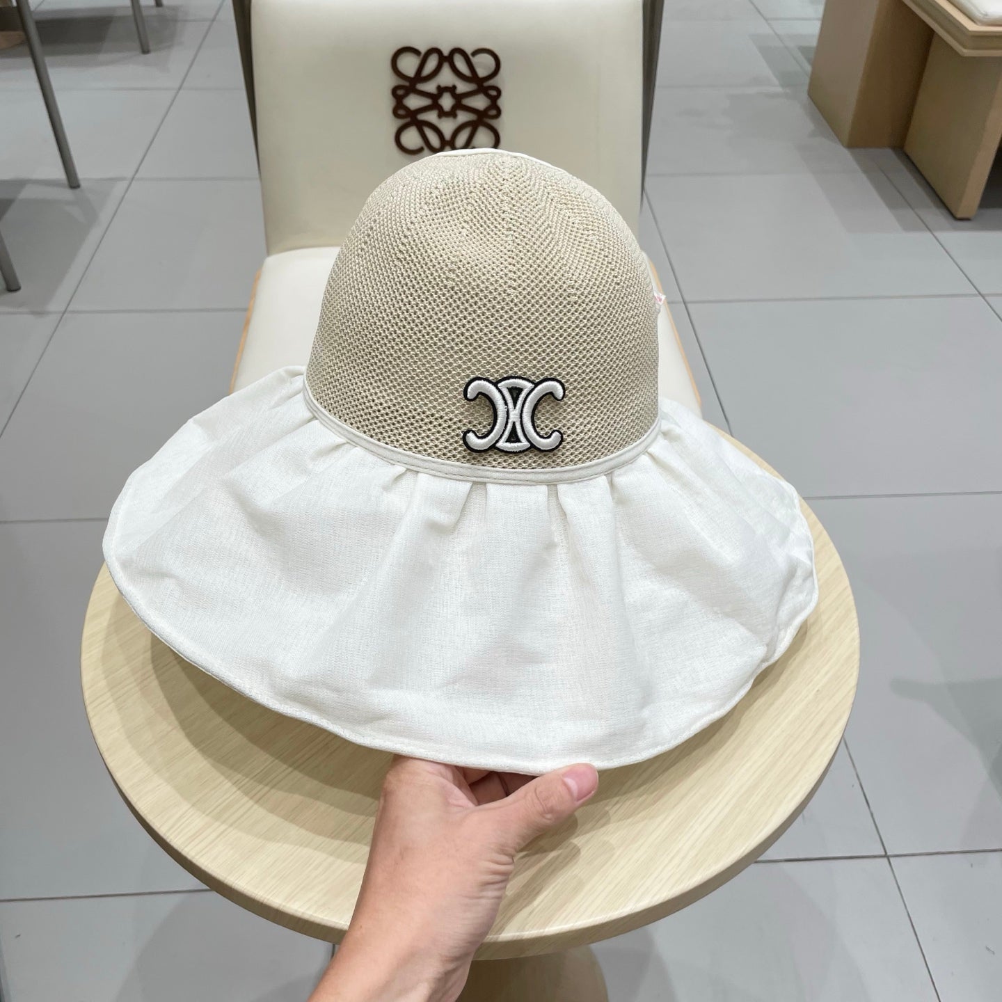 CELINE WIDE BRIM HALF HEAD HAT MODEL 650677 IN BEIGE MESH FABRIC
