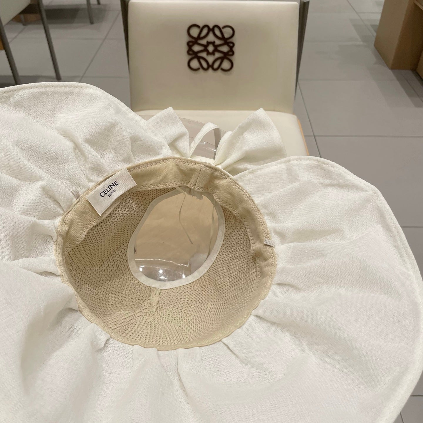 CELINE WIDE BRIM HALF HEAD HAT MODEL 650677 IN BEIGE MESH FABRIC