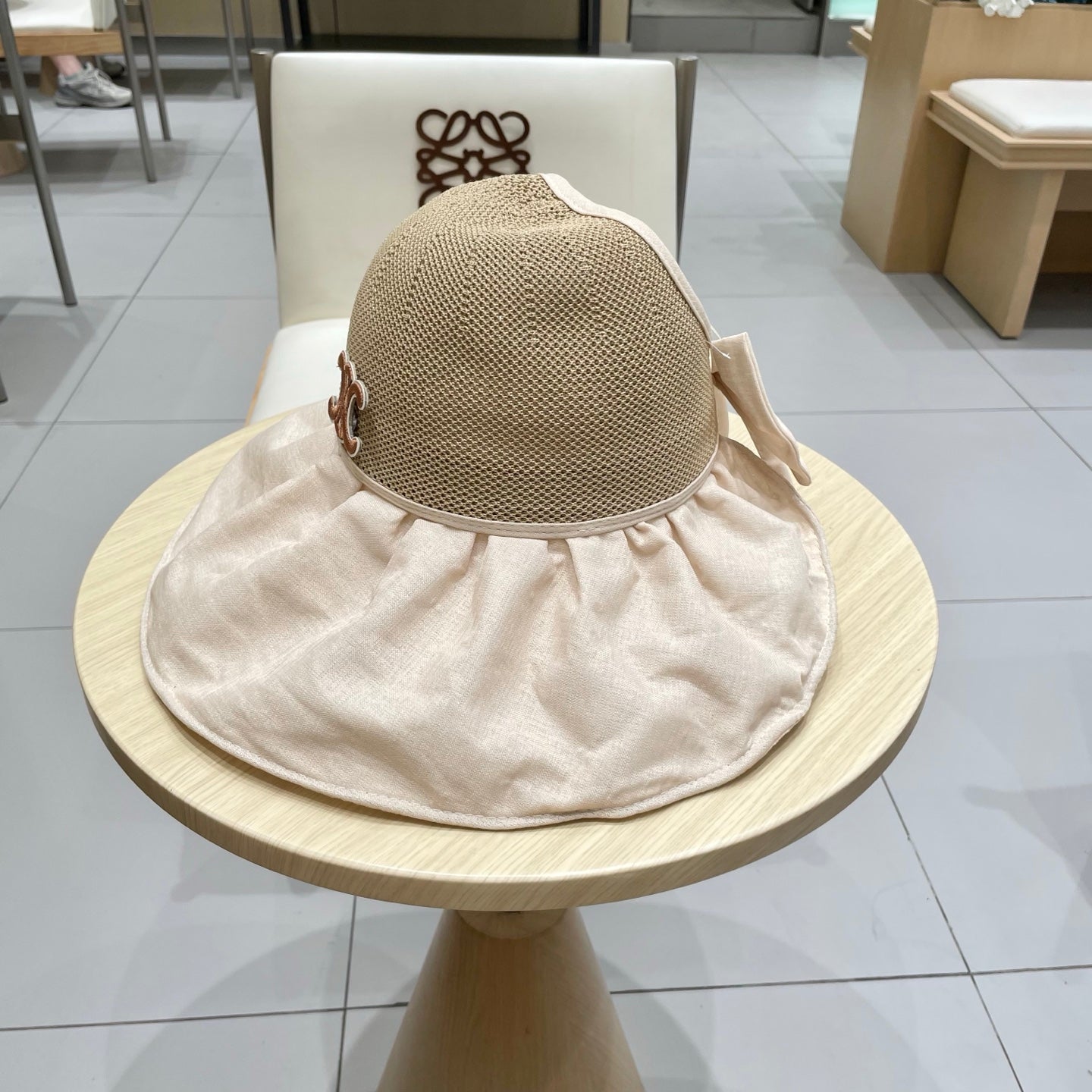 CELINE WIDE BRIM HALF HEAD HAT MODEL 650678 IN DARK BEIGE MESH FABRIC