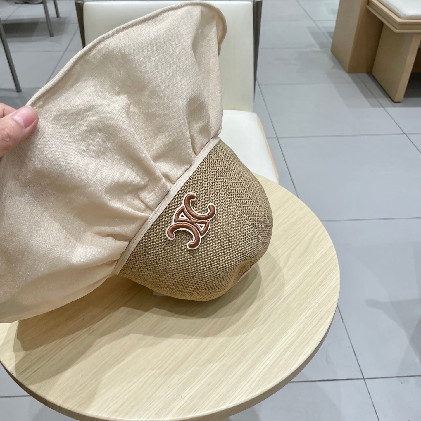 CELINE WIDE BRIM HALF HEAD HAT MODEL 650678 IN DARK BEIGE MESH FABRIC