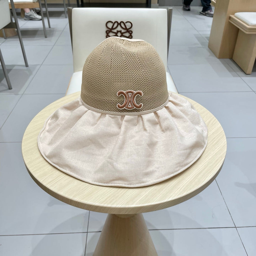 CELINE WIDE BRIM HALF HEAD HAT MODEL 650678 IN DARK BEIGE MESH FABRIC