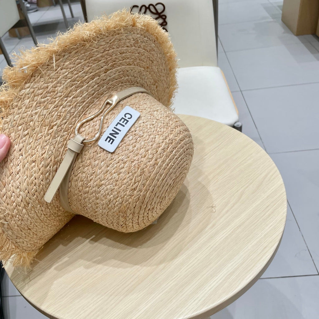 CELINE WIDE BRIM HAT MODEL 650421 IN NATURAL WITH BEIGE LEATHER STRAP RAFFIA STRAW