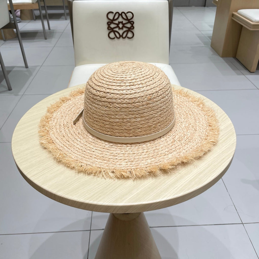 CELINE WIDE BRIM HAT MODEL 650421 IN NATURAL WITH BEIGE LEATHER STRAP RAFFIA STRAW