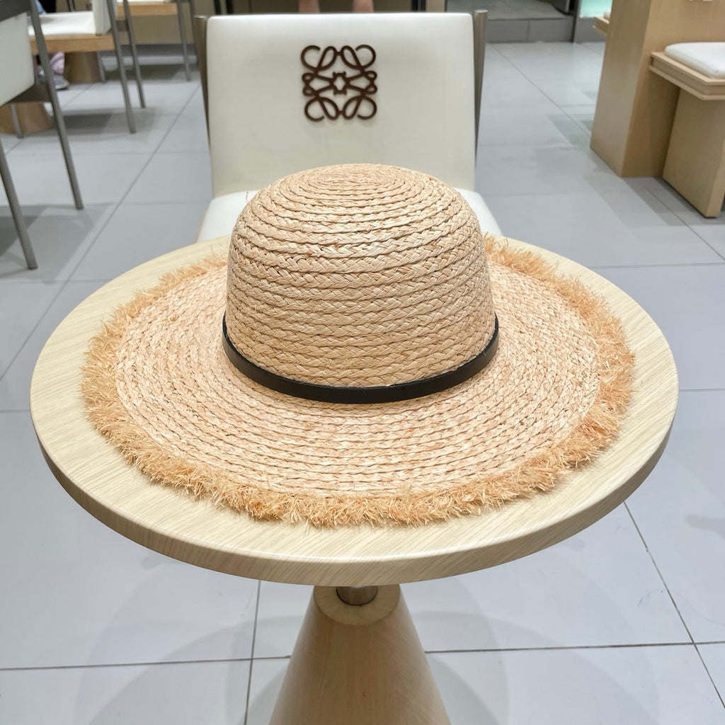 CELINE WIDE BRIM HAT MODEL 650422 IN NATURAL WITH BLACK LEATHER STRAP RAFFIA STRAW