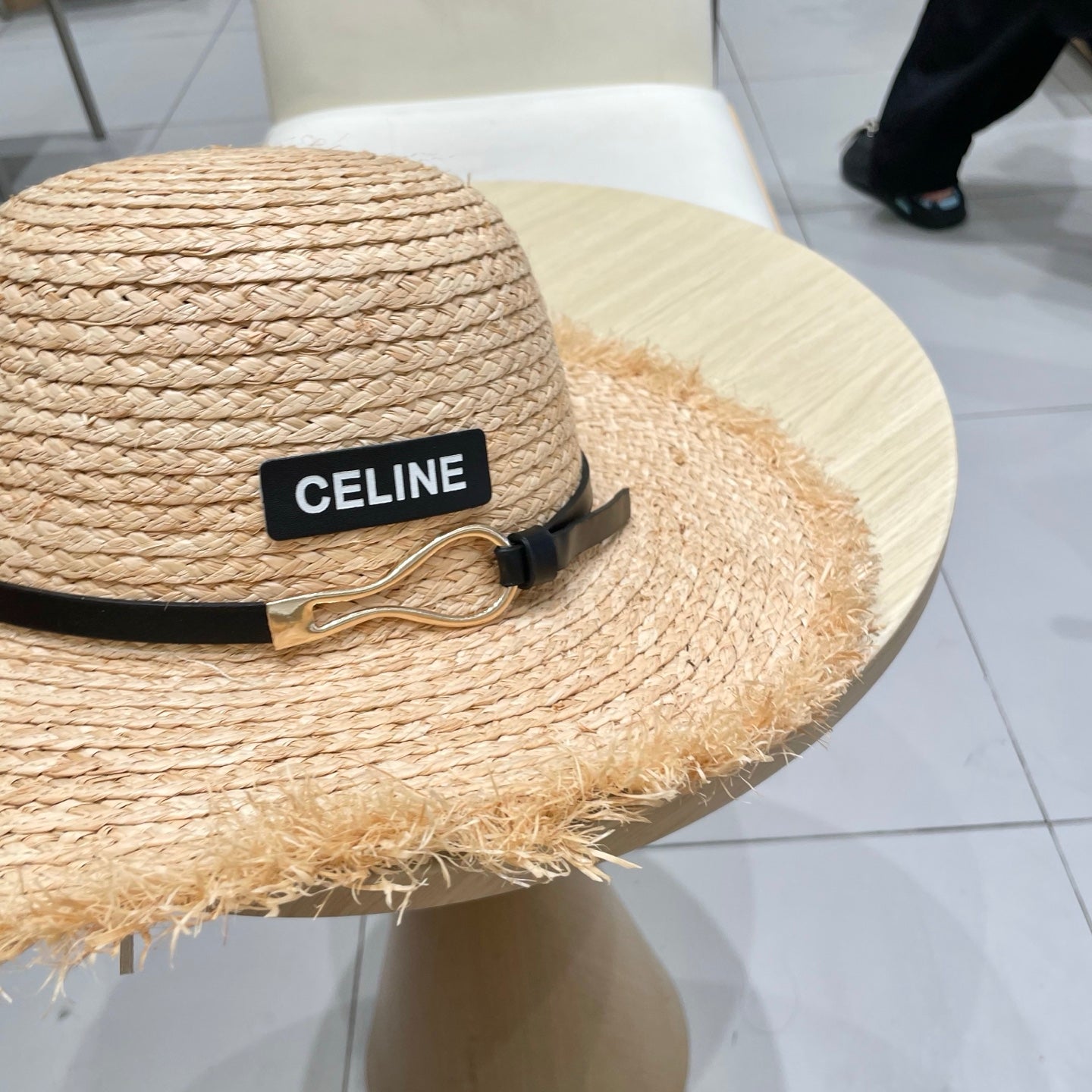 CELINE WIDE BRIM HAT MODEL 650422 IN NATURAL WITH BLACK LEATHER STRAP RAFFIA STRAW