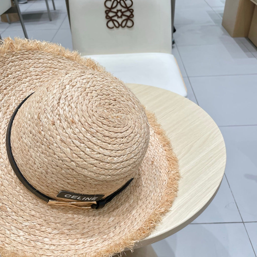 CELINE WIDE BRIM HAT MODEL 650422 IN NATURAL WITH BLACK LEATHER STRAP RAFFIA STRAW