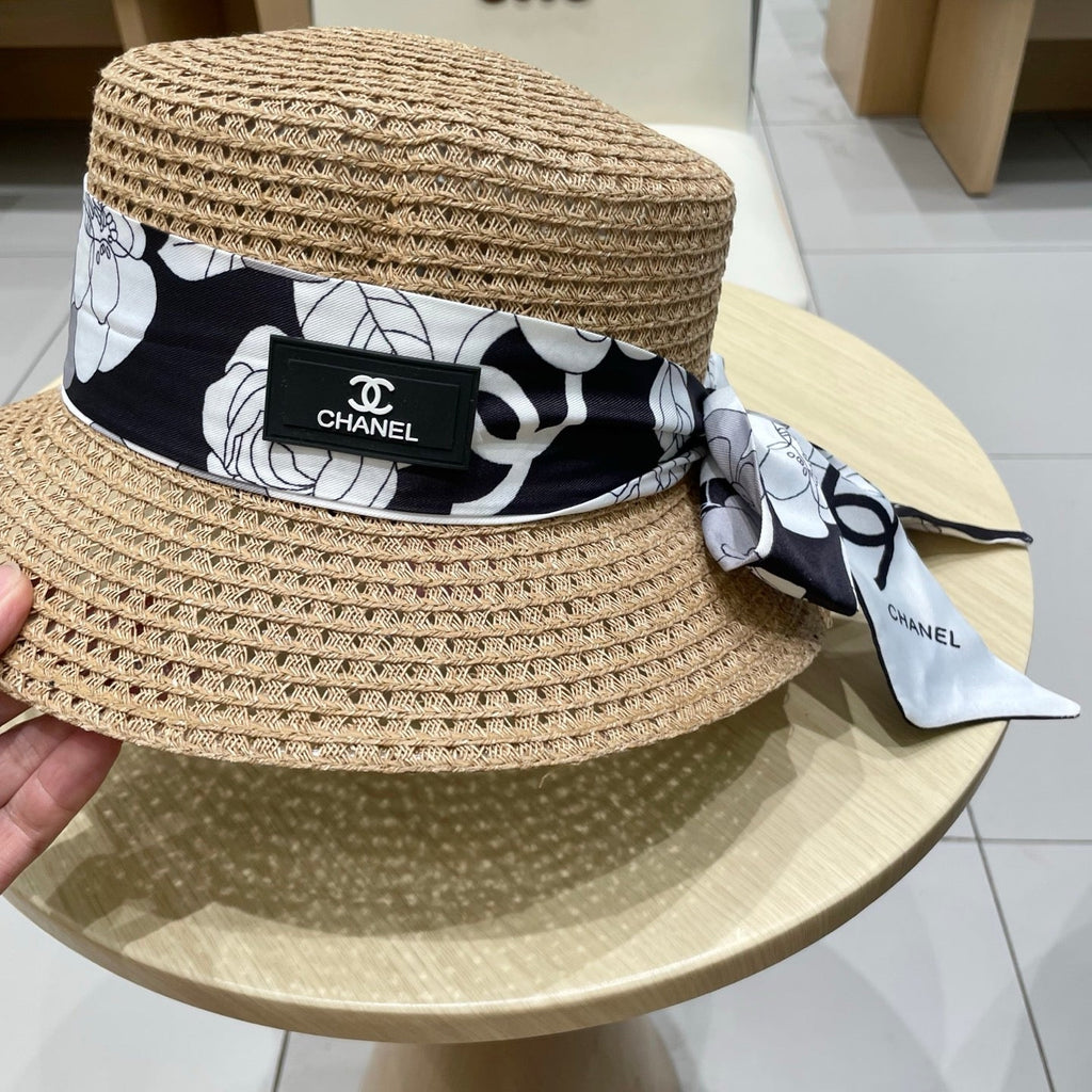 CHANEL NATURAL STRAW BUCKET HAT WITH RIBBON 672771