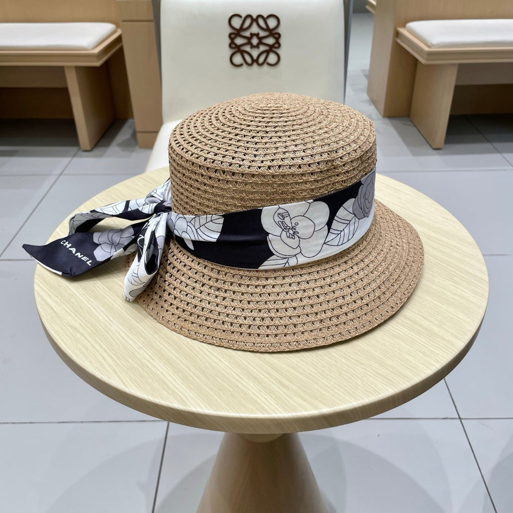 CHANEL NATURAL STRAW BUCKET HAT WITH RIBBON 672771