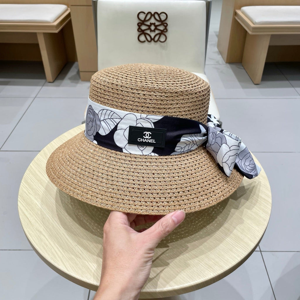 CHANEL NATURAL STRAW BUCKET HAT WITH RIBBON 672773