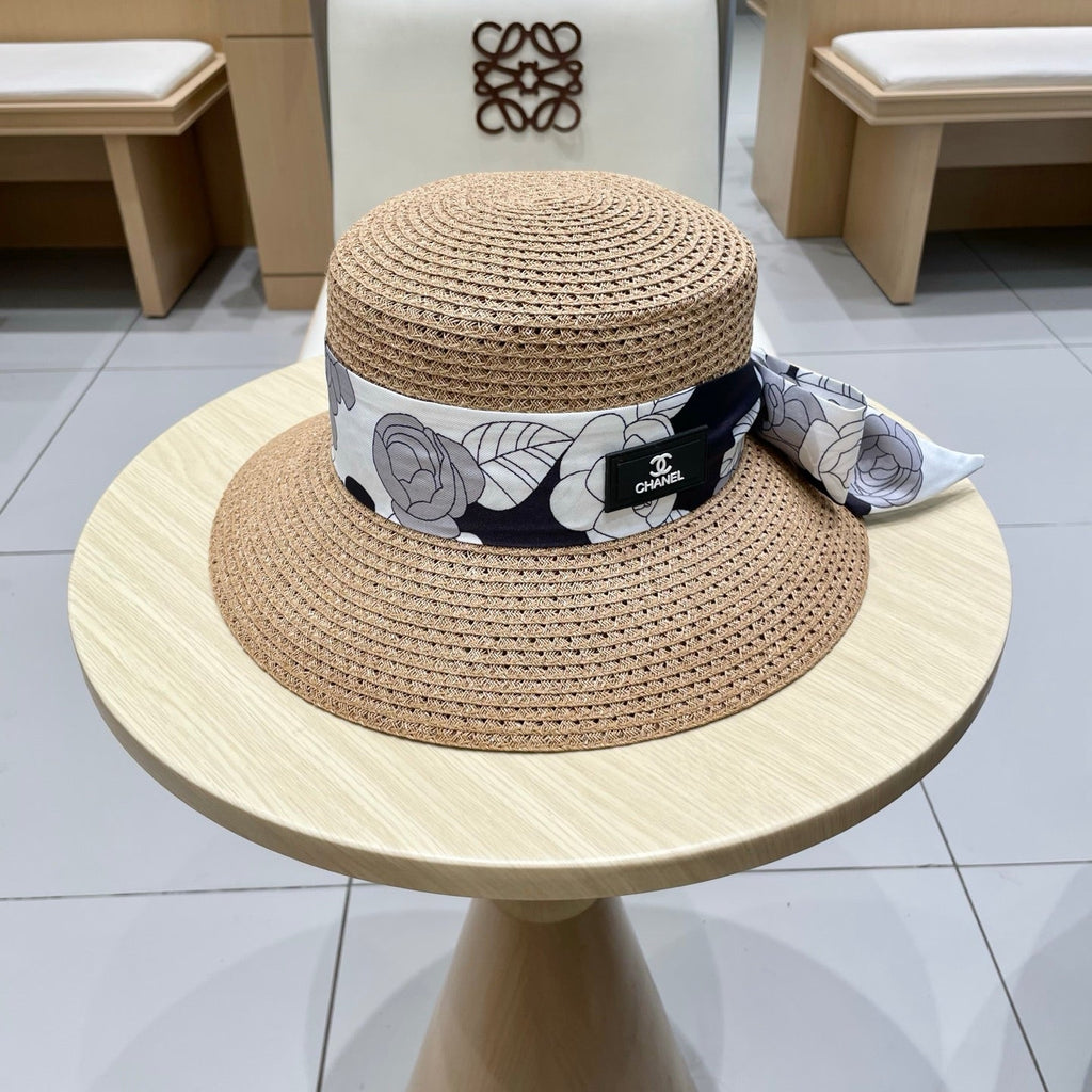 CHANEL NATURAL STRAW BUCKET HAT WITH RIBBON 672773