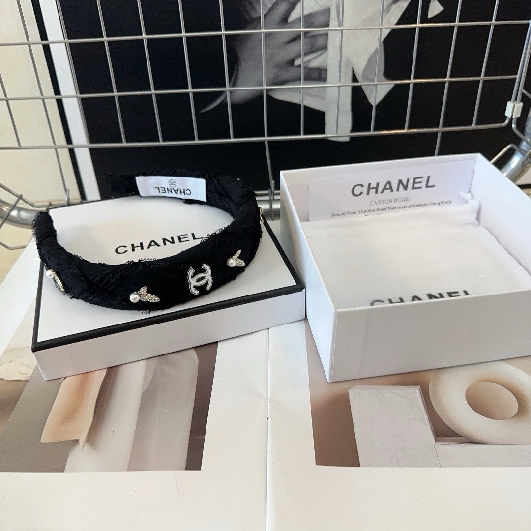 CHANEL BLACK VOILE AND FABRIC HAIRBAND WITH STICKER 410872