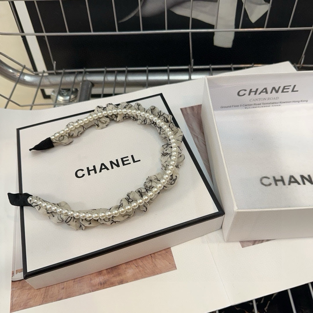CHANEL COLORFUL VOILE FABRIC WITH PEARL CHAIN HAIRBAND 410874