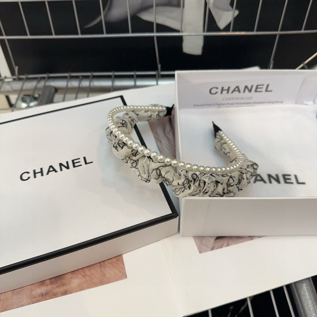 CHANEL COLORFUL VOILE FABRIC WITH PEARL CHAIN HAIRBAND 410874